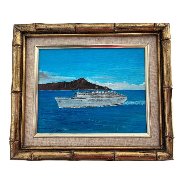 Original 1970s James J. Takara Oil Painting: "Ss Lurline at Diamond Head" in Faux Bamboo Frame - Hollywood Regency Style For Sale