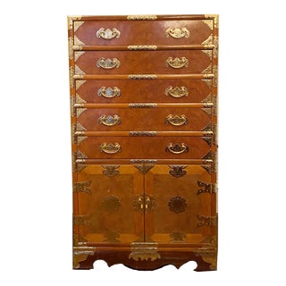 Mid-Century Tansu Style Brass & Burl Chest For Sale