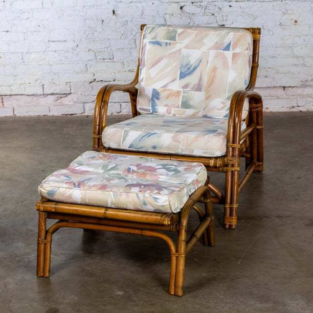 Fabulous vintage Tropical or Coastal style rattan lounge chair and ottoman set by Calif Asia composed of rattan frames...