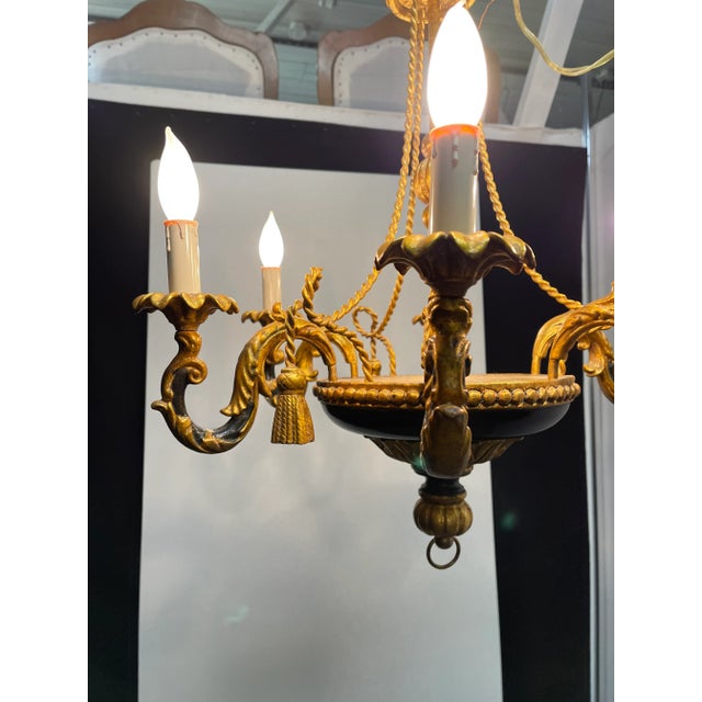 Vintage Italian Florentine and Black Chandelier With Tassel and Tole Decoration For Sale - Image 9 of 13