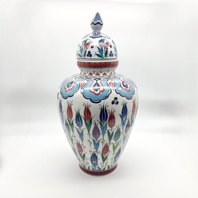Ceramic Handmade Ceramic “Vezir” Vase (30cm) – Lidded Design with Colorful Ottoman Tulips – Traditional Home Decor For Sale - Image 7 of 9