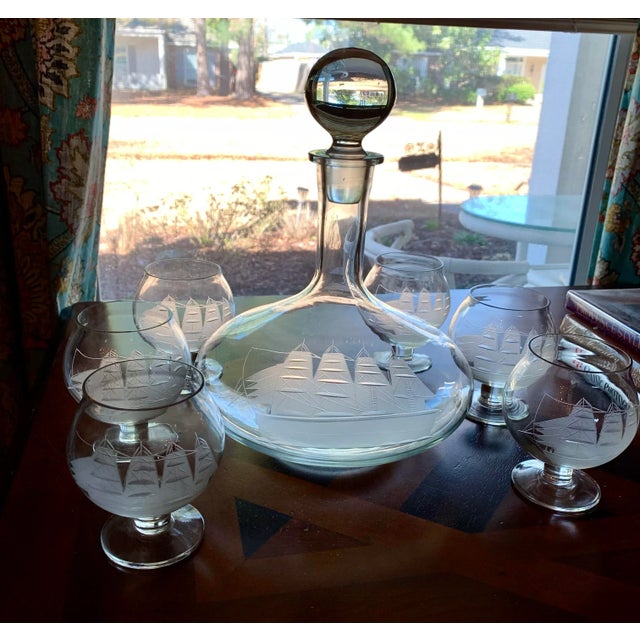 Transparent Nautical Etched Glass Clipper Ship Brandy Decanter Set For Sale - Image 8 of 8