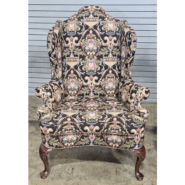 Southwood & Co. Late 20th Century Pair Southwood Mahogany Philadelphia Style Wing Chairs Needlepoint Fabric For Sale - Image 4 of 11