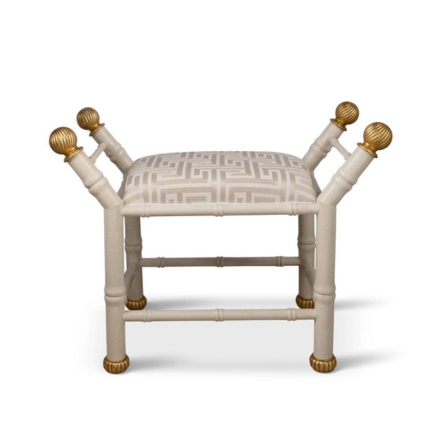 Boca is our hollywood regency style bench with features a bamboo frame and contrast metal gold leaf fluted ball finials...