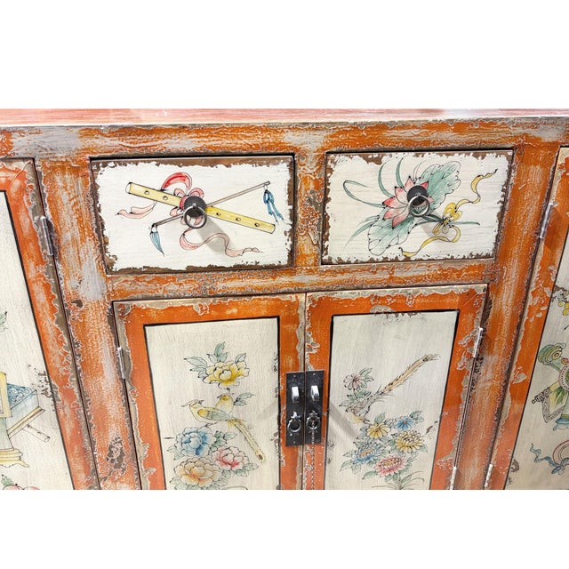 1930s Vintage Mongolian Hand Painted Elm Wood Large Cabinet W/ Six Doors 77" W For Sale - Image 5 of 11
