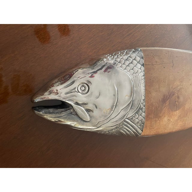 Rustic Vintage Silver Plate and Wood Fish Serving Board For Sale - Image 3 of 7