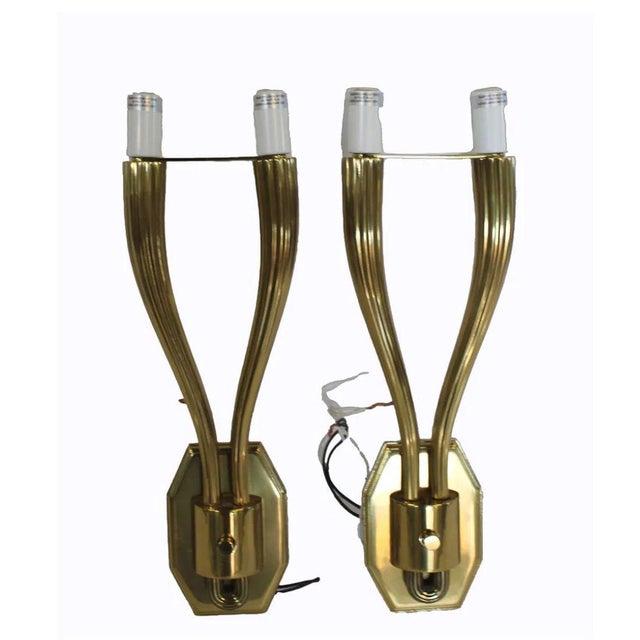 Mid-Century Modern Art Deco Style Pair of Gilt Double Arm Sconces For Sale - Image 3 of 3