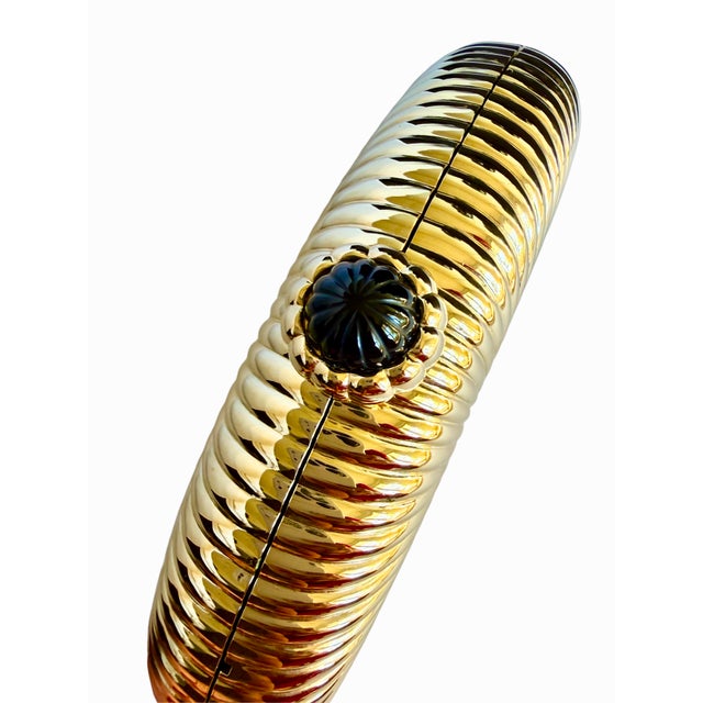 Judith Leiber Judith Leiber Gold Ribbed Half Oval Onyx Gem Crystal Minaudiere Evening Bag For Sale - Image 4 of 15