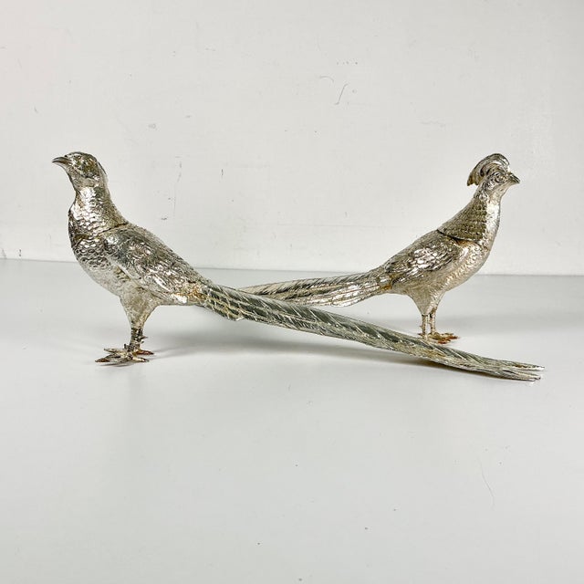 Metal Early 20th C Vintage French Chippendale Hollywood Regency Game Bird Pheasant Silverplate Figurals - An Opposing Pair For Sale - Image 7 of 18