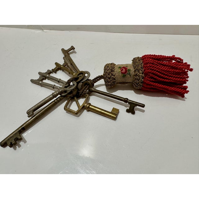 Antique Skeleton Keys Lot Vintage Brass Iron Ornate Bow Keys With Tassel For Sale - Image 13 of 14