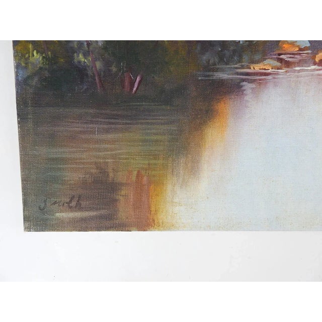 Vintage late 20th century acrylic on canvas board painting of secluded lake landscape. Signed Smith lower left corner....