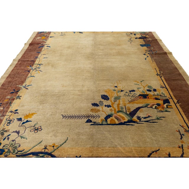 Chinese Art Deco Wool Rug Pagoda & Floral Design - Earthy Bronze & Gold Tones For Sale - Image 10 of 11