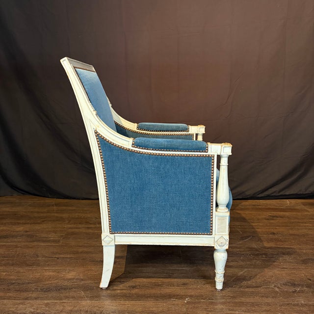Textile Antique French Neoclassical Painted Armchairs or Bergères in Blue Mohair- A Pair For Sale - Image 7 of 11