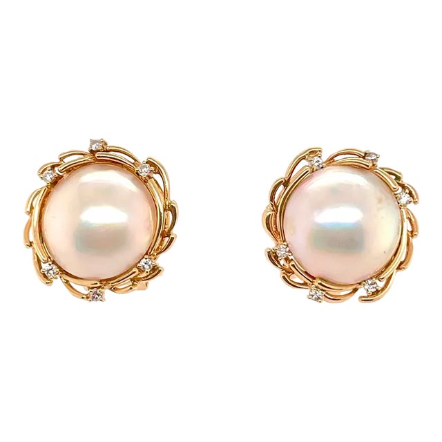14k Gold Mabe Pearl & Diamond Earrings With Omega Pierced Clip Backs - 2 Pieces For Sale
