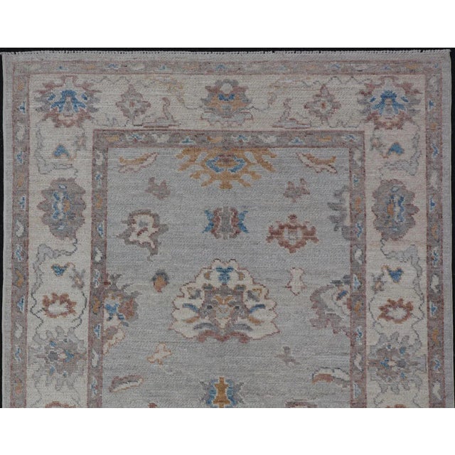 Floral Modern Oushak With Muted Gray Background and Cream Border For Sale - Image 9 of 13
