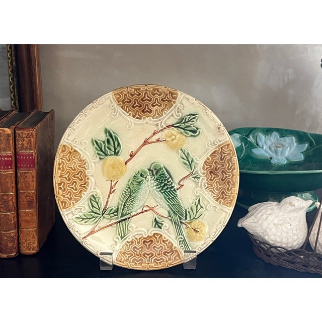19th Century French majolica plate with birds and fruit.
