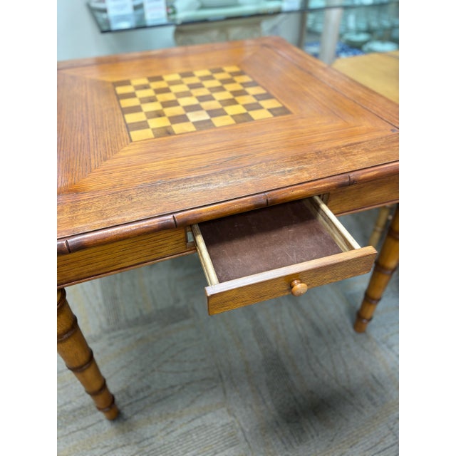 Wood Faux Bamboo Table Set, Mahjong, Card/Game Table With 4 Chairs. Fully Refurbished With New Upholstery. For Sale - Image 7 of 8
