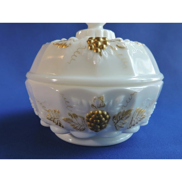 Art Nouveau Vintage 1950's Westmoreland Milk Glass Gilded Paneled Grape Round Covered Candy Dish For Sale - Image 3 of 9