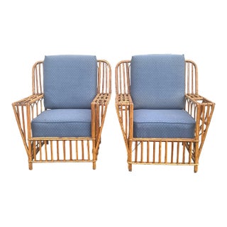 1930s Restored Art Deco Period Natural Split Reed Stick Wicker Lounge Chairs a Pair For Sale
