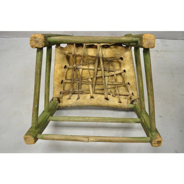 Antique Small Ladder Back Green Primitive Rustic Chair With Deer Hide Seat For Sale - Image 9 of 13
