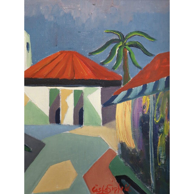 Mid-Century Modern 'Where the Palms Sway' Vintage Original Landscape Oil Painting, Framed For Sale - Image 10 of 13