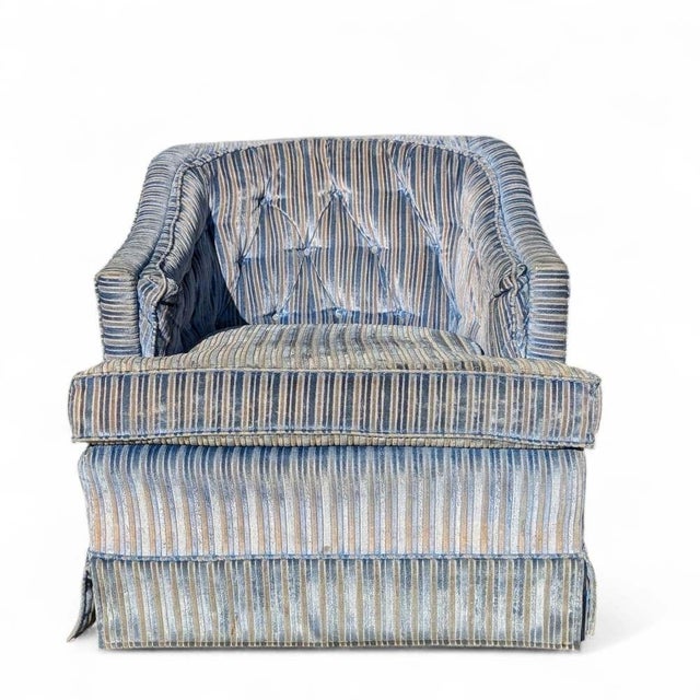 Vintage Blue Striped Velvet Swivel Lounge Chair, Late 20th Century For Sale In Los Angeles - Image 6 of 13