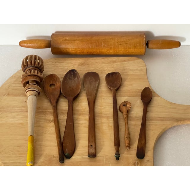 Shabby Chic 10 PCS Antique and Vintage Kitchen Wood Utensils With Pizza Board For Sale - Image 3 of 10