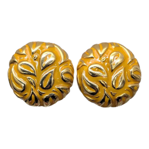Vintage Signed Escada Round Goldtone & Orange Enamel Clip Earrings-2 Pieces