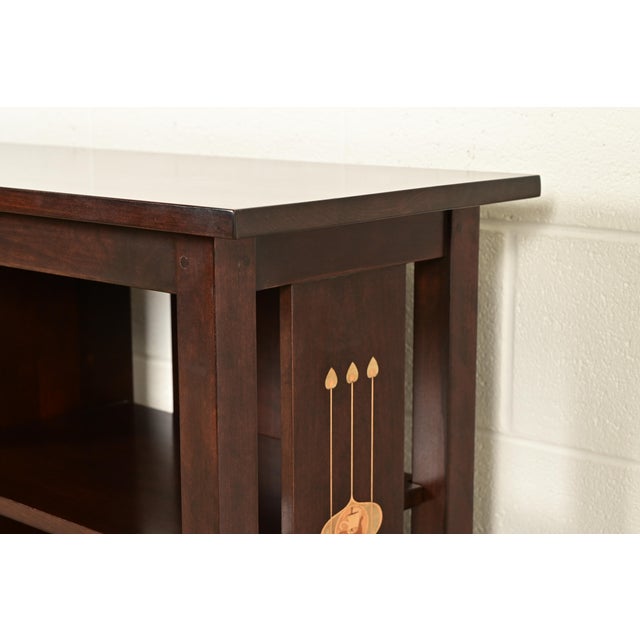 Stickley Harvey Ellis Collection Mission Arts & Crafts Inlaid Cherry Wood Slatted Triple Bookcase For Sale In South Bend - Image 6 of 12