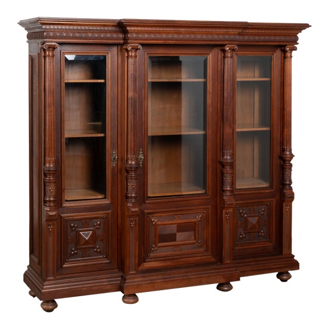 20th Century Walnut Bookcase Display Cabinet With Turned Columns For Sale