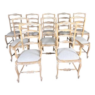 Set of 10 19th Century French Provincial Bleached Oak Ladderback Dining Chairs For Sale