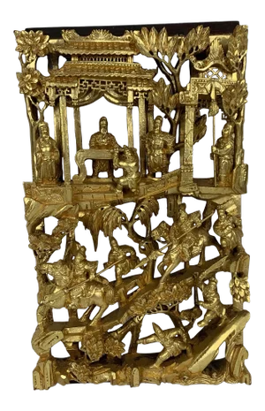 Antique Large Chinese Carved Git Wood Court Scene