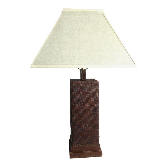 Vintage Woven Leather Kenzie Lamp + Shade For Sale