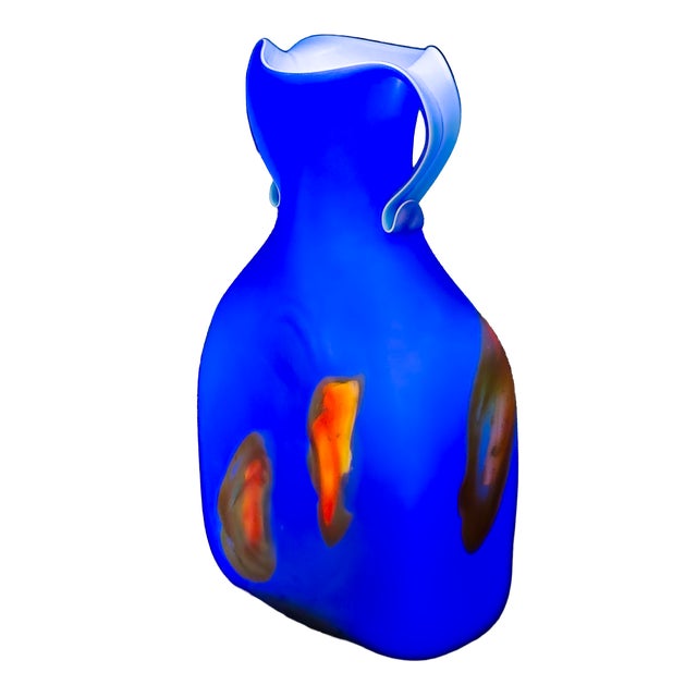 Mid-Century Modern Mid 20th Century Azerbaijani Art Glass Vase – Cobalt Blue With Flame Inclusions & Applied Handles For Sale - Image 3 of 11