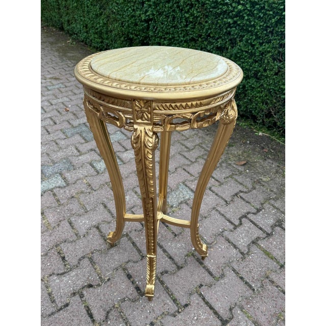 1970s French Louis XVI Gold Beech Marble Side Tables- Pair For Sale - Image 13 of 14
