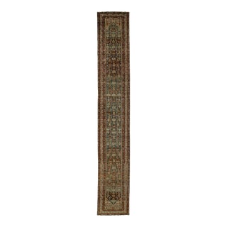 Allover Handmade Antique Malayer Persian Long Wool Runner in Blue & Rust Color For Sale