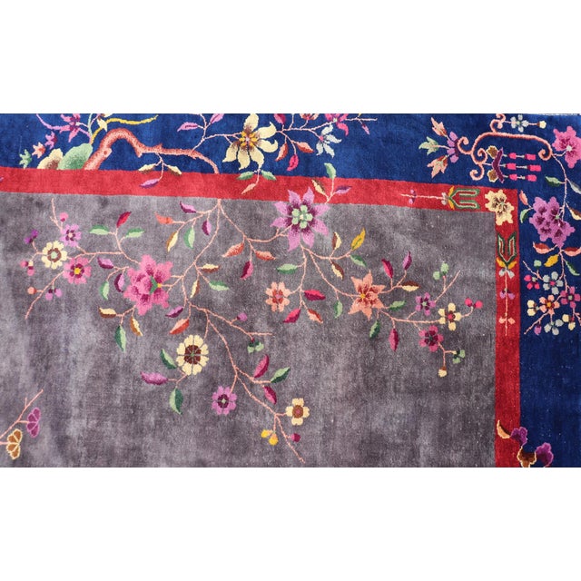 Antique Art Deco Rug in Soft Grey Field With Navy Blue and Red Border For Sale In Atlanta - Image 6 of 14