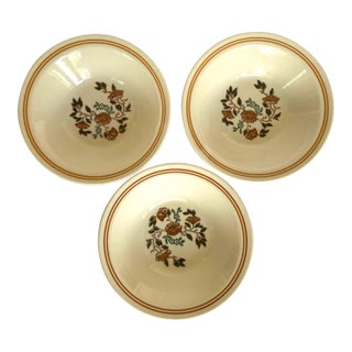 1970s Mount Clemens Brown & Green Floral Center, Two Light Brown Rings Stoneware Rim Soup Bowl - Set of 3 For Sale