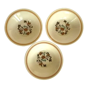 1970s Mount Clemens Brown & Green Floral Center, Two Light Brown Rings Stoneware Rim Soup Bowl - Set of 3