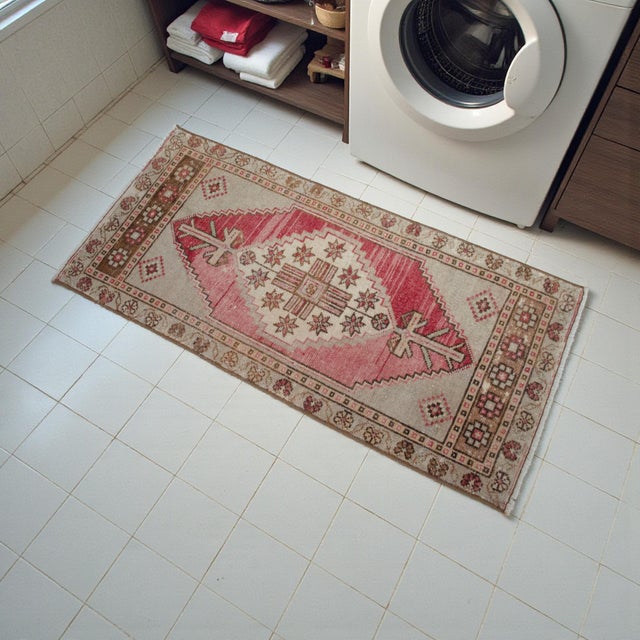 Rustic 1970s Front of Kitchen Sink Rug, Hand Made Bath Mat Muted Colors Small Rug Entry Decor -1′7″ × 3′5″ For Sale - Image 3 of 13