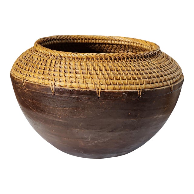 19th Century Asian Wood and Woven Basket For Sale
