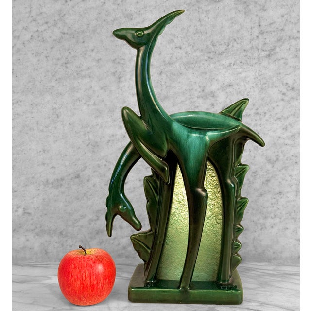 An Abstract Art Deco Green Drip Glazed Gazelle TV Lamp w/ Fiberglass Shade, c.1950's - Original 1950's Art Deco Gazelle...