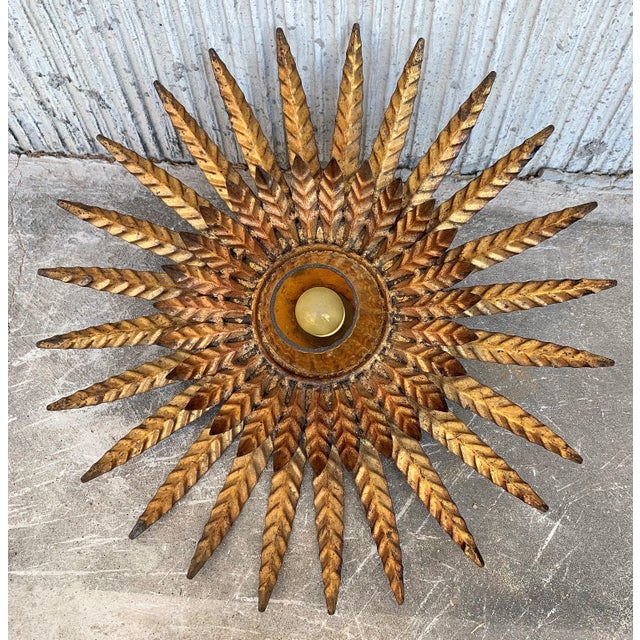 Gold Mid Century Sunburst Ceiling Fixture With Glass Tulip For Sale - Image 8 of 13