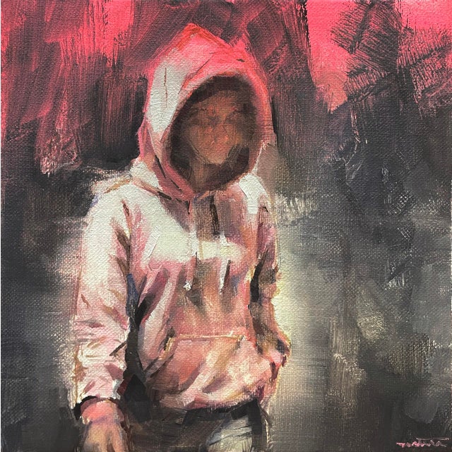 Pink Label by Nicolas Martin | Oil on panel of a figure in a pink hoodie standing against a dark background For Sale
