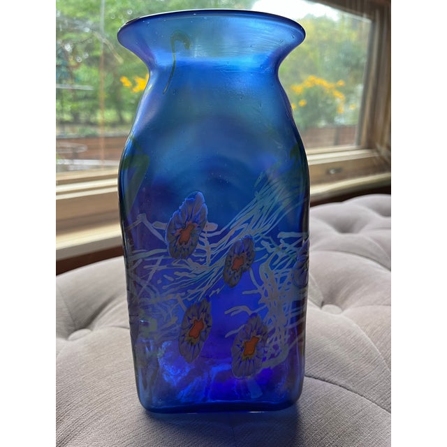 Vintage Herb A. Thomas "Hat" Hand-Blown Cobalt Iridescent Studio Art Glass Vase For Sale - Image 4 of 5