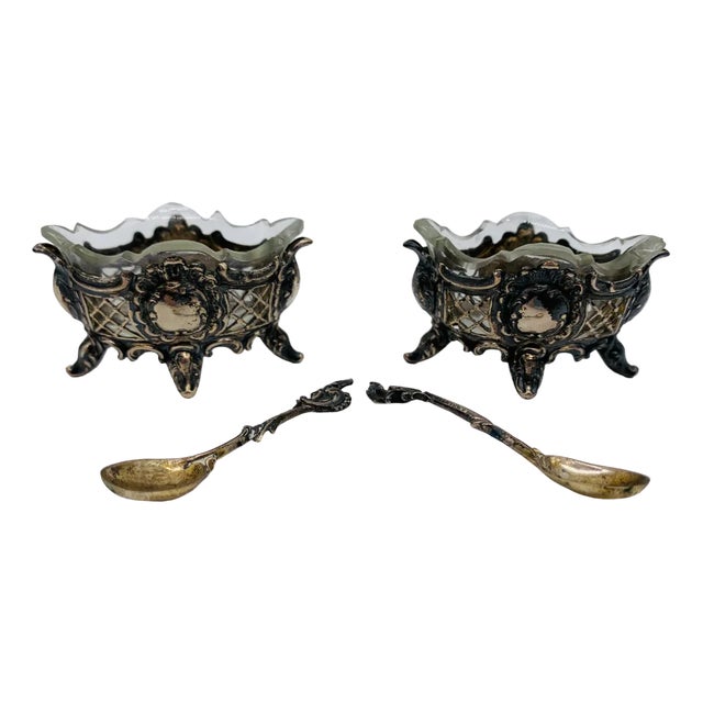 Salt Bowls with Spoons and Glass Inserts, 1890s, Set of 4 For Sale