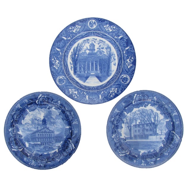 Ceramic Wedgwood Blue & White Transferware Architectural Plates, Set of 3 For Sale - Image 7 of 7
