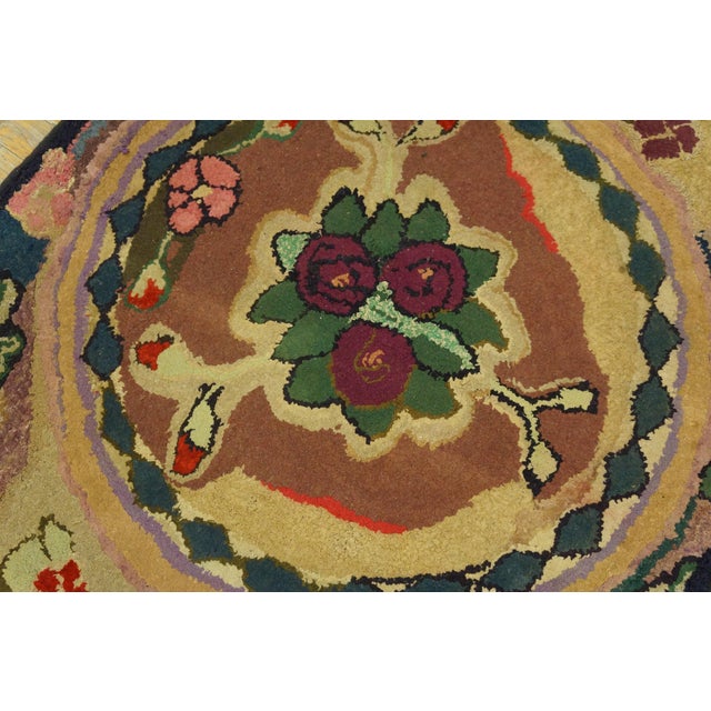 1930s Tan Camel Floral Folk Art Antique American Hooked Rug 3' 0" X 3' 4" Hand Knotted Wool Carpet For Sale In New York - Image 6 of 6