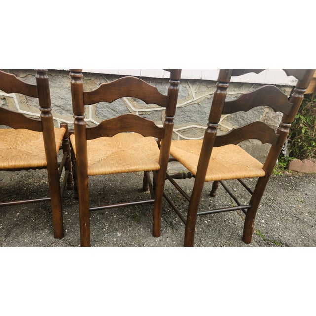 Textile Set of 6 Vintage Ladder Back Dining Chairs With Rush Seats, French Country Cottage Style For Sale - Image 7 of 18