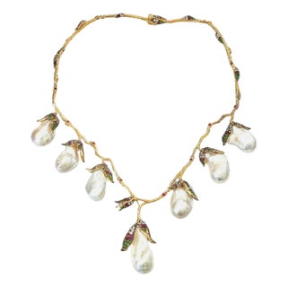Bochic “Capri” Vintage Pearl, Ruby & Multi Gem Necklace Set in 18K & Silver For Sale